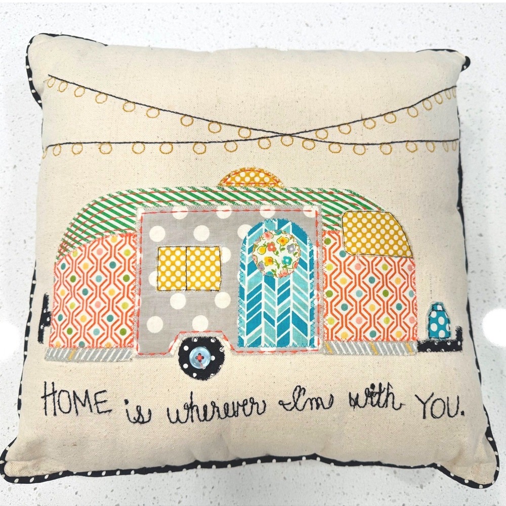 Handstitched‎ Camper Throw Pillow Unisex 16x16 Cream Excellent BoHo Cottagecore